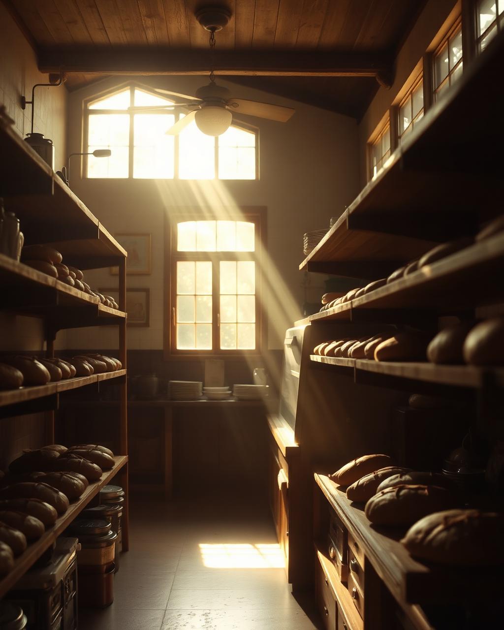 Interior de uma padaria tradicional brasileira com prateleiras de madeira e luz natural